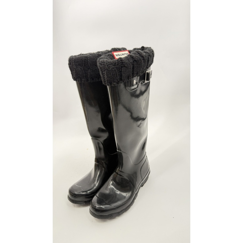Hunter Rain Boot Womens Size 5 Black Knee High Rubber Wool Lined Knit Cuff